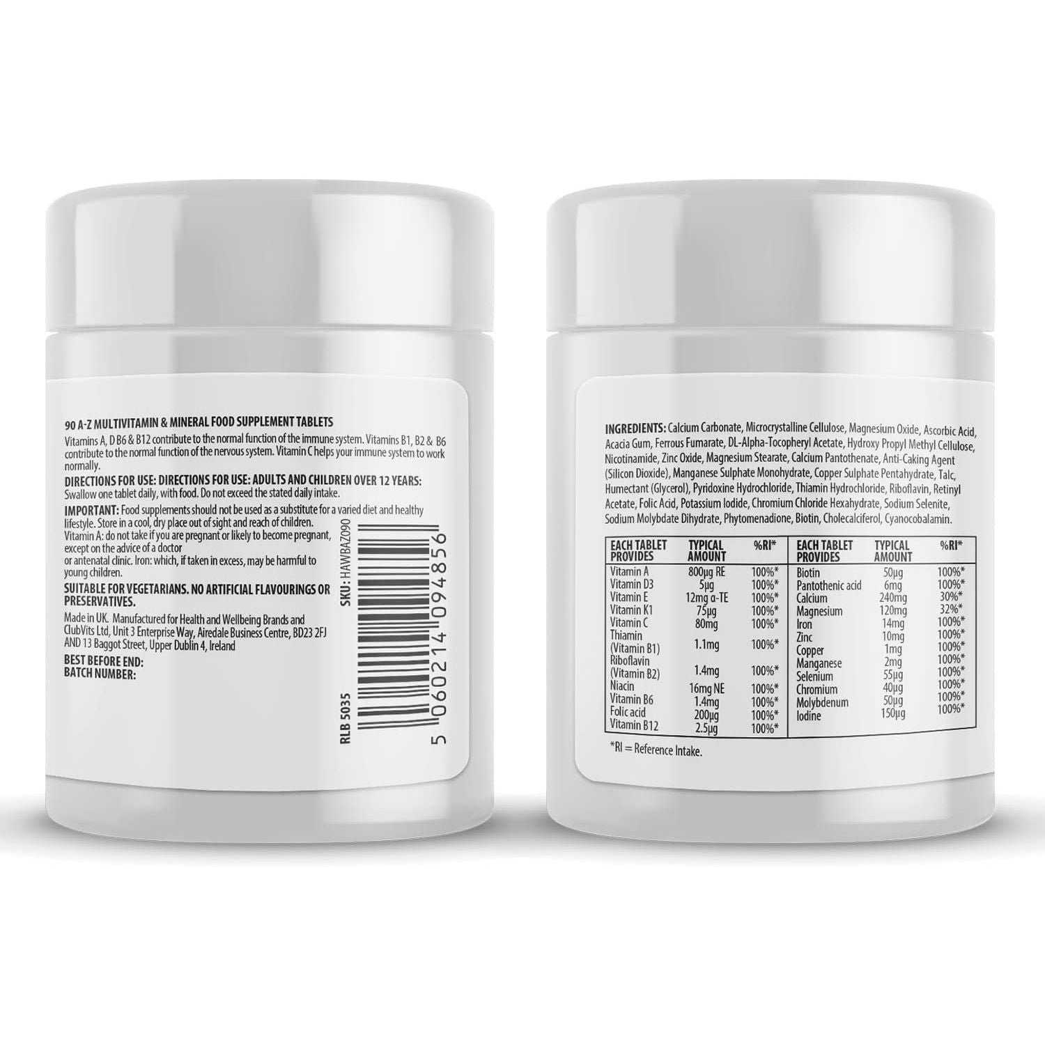 A-Z Multivitamin and Minerals Tablets, Vitamins for Men'S and Women'S, 23 High Strength Vitamins and Minerals Including Iron, Zinc Vitamin C and More (90)