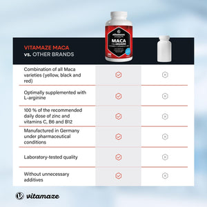 Maca Root Capsules for Women and Men with L-Arginine, B6, B12 and Zinc - Hormonal Balance, Anti-Stress, Energy Booster - 240 Capsules for 2 Months - Organic Supplement, German Quality- Vitamaze