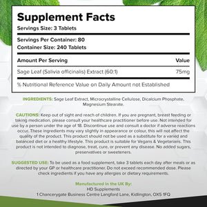 Sage Leaf Supplement | 240 Tablets | Salvia Officinalis Extract | Made in the UK | Vegan Friendly & Gluten Free (240)
