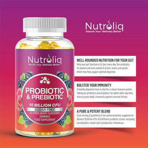 Nutroliq Prebiotic & Probiotic Sugar-Free Gummies - Gut Health Supplements for Women, Men, Kids to Support Digestive System, Immune System Booster - 10 Billion CFU per Serving, Vegan - 60 Gummies