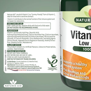 Natures Aid Low Acid Vitamin C 1000Mg – High Strength Immune Support, Antioxidant Protection – Gentle on Stomach – Supports Collagen, Skin, Energy & Iron Absorption – Vegan - 90 Tablets