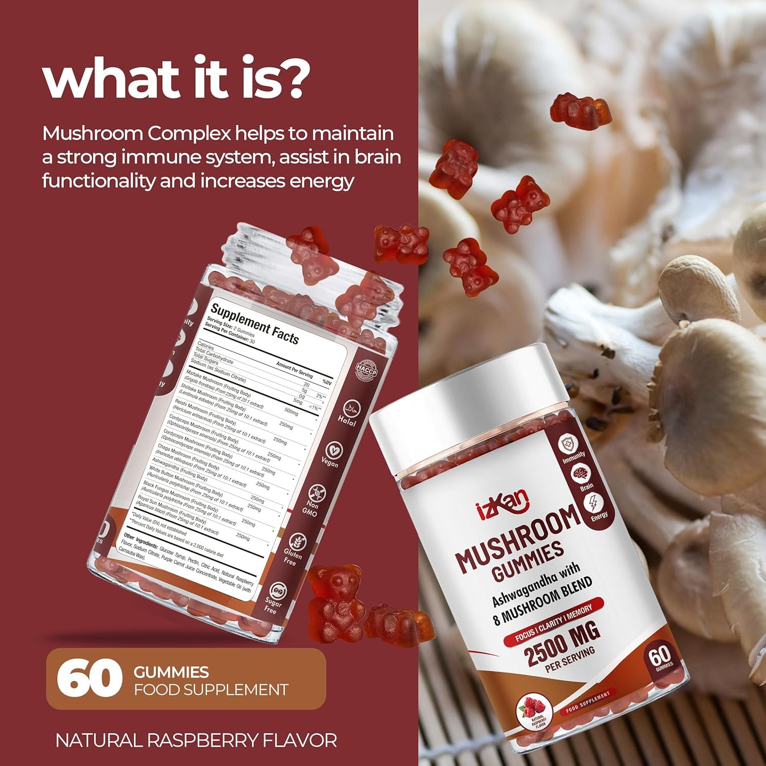 Mushroom Complex Gummies 2500Mg - 8 Brain Health Mushrooms Gummies with Ashwagandha Supplement Promotes Calm Focus Memory Mood Immunity & Energy - 60 Count (Halal, Gluten-Free, Vegan) (1)