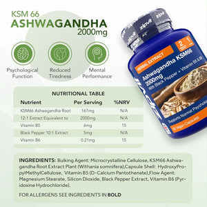 Zipvit Ashwagandha KSM 66 2000 Mg with Vitamin B6, B5 & Black Pepper, High Strength Ashwagandha Root Extract, 60 Vegan Capsules, 2 Months Supply