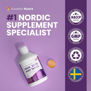 Swedish Nutra - Hair, Skin & Nails Liquid Supplement - Pack of 500 Ml, 33 Day Supply | plus Collagen, Biotin, Vitamins, MSM, Hyaluronic Acid & Coq10 | Gluten Free | 100% Natural Orange Flavour