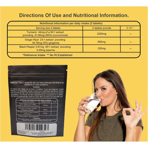 Turmeric Tablets 2200Mg with Black Pepper and Ginger - 180 Tablets - High Strength 95% Curcumin Supplement - Tablets Not Capsules - Vegan and Gluten Free - Made in the UK