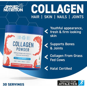 Applied Nutrition Collagen Powder - Strawberry & Raspberry Flavour - 5000Mg Hydrolysed Bovine Flavoured Collagen Peptides with Vitamin C, Hyaluronic Acid & Biotin (165G - 30 Servings)