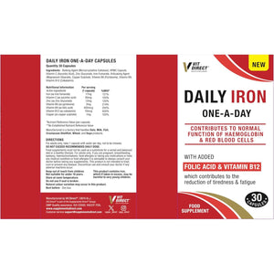 Vit Direct - Daily Iron Supplements - 30 Capsules - with Added Folic Acid & Vitamin B12 - Supports Haemoglobin & Red Blood Cell Function - Reduces Tiredness & Fatigue - Energy Supplements