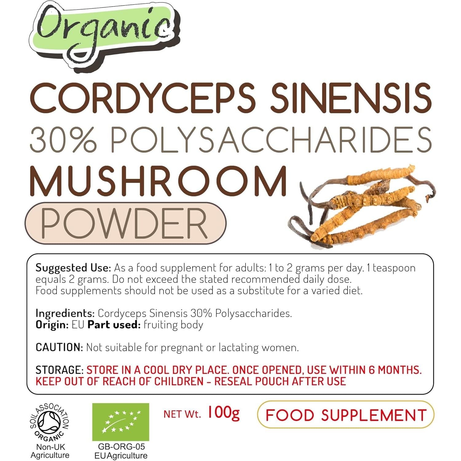 Organic Cordyceps Sinensis Mushroom Extract - 100G Powder - EU Grown - 30% Polysaccharides - Dual Extracted - Zero Additives (100G Powder Pouch)