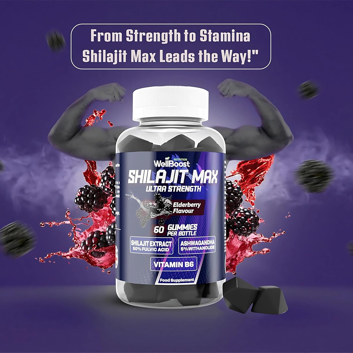 Wellboost Shilajit Max Gummies – 200Mg Shilajit, 40Mg Ashwagandha, 2Mg Vitamin B6 – Vegan Elderberry Flavour – Energy, Vitality & Well-Being Support for Adults (1 Month Supply).