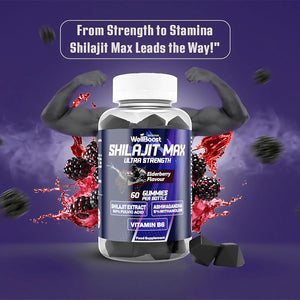 Wellboost Shilajit Max Gummies – 200Mg Shilajit, 40Mg Ashwagandha, 2Mg Vitamin B6 – Vegan Elderberry Flavour – Energy, Vitality & Well-Being Support for Adults (1 Month Supply).