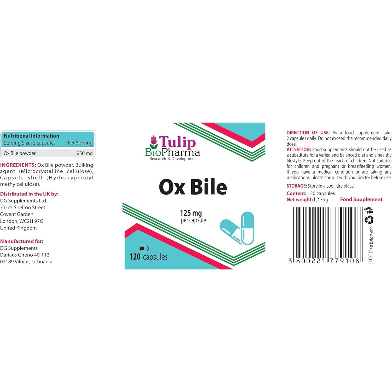 Ox Bile 125Mg 120 Capsules, 3Rd Party Lab Tested, High Strength Supplement, Gluten and GMO Free