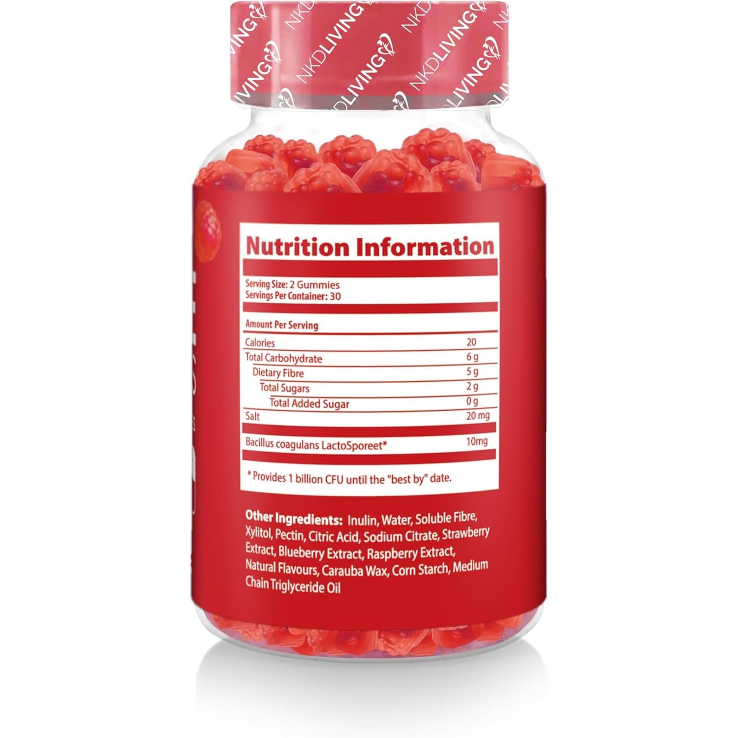 NKD Living High Fibre Inulin Gummies (60 Vegan Gummies) 5G of Fibre per Serving - with 1 Billion Live Cultures - Gut Health and Digestive System Support