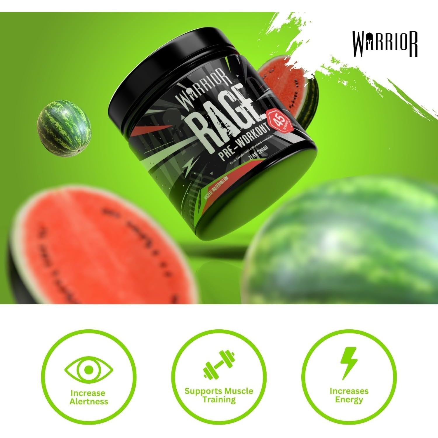 Warrior Rage - Pre-Workout Powder - 392G - with Creatine Gluconate, Vitamin C and Beta Alanine - Energy Drink Sports Supplement - for Men & Women - 45 Servings (Wicked Watermelon)