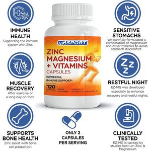 Magnesium Supplement MGSPORT with Zinc,Vitamins B6, B9, D, E - Immune Support, Muscle Recovery, EZ on Stomach - 120 Capsules