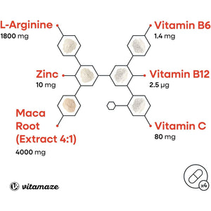 Maca Root Capsules for Women and Men with L-Arginine, B6, B12 and Zinc - Hormonal Balance, Anti-Stress, Energy Booster - 240 Capsules for 2 Months - Organic Supplement, German Quality- Vitamaze