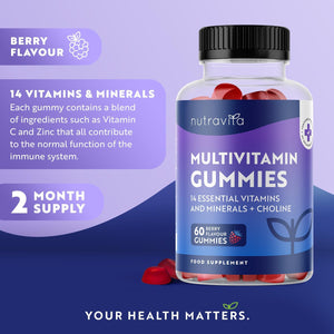 Vegan Multivitamin Gummies for Women & Men – 60 Berry Flavour Chewable Adult Multivitamins (2 Month Supply) Daily Supplement with 14 Vitamins & Minerals Incl. Vitamin C D3 B12 Biotin Zinc – Nutravita