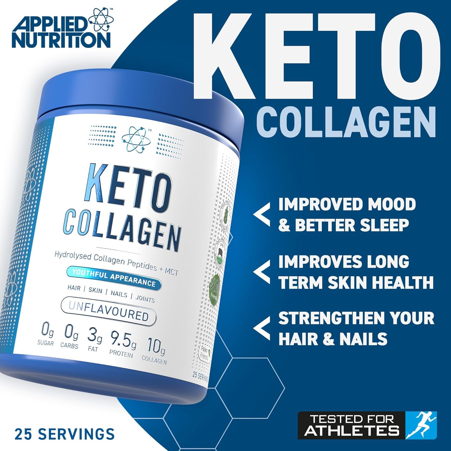 Applied Nutrition Keto Collagen Protein - Keto Protein Powder with MCT, Ketogenic & Paleo Diet, Zero Sugar & Carbs, Healthy Skin, Hair, Nails (Unflavoured) (325G - 25 Servings)