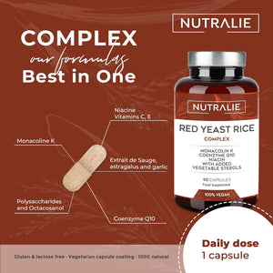RED Yeast Rice Complex - Cholesterol Lowering Supplement - Monacolin K 2,9Mg & Q10 30Mg - Red Yeast Extract Gluten Free - 90 Vegan Capsules Nutralie