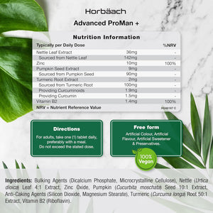 Proman+ Supplement for Men | Complex Formula with Pumpkin Seed, Nettle Leaf, Vitamin B2, Zinc and Turmeric Root | 120 Vegan Tablets | by Horbaach