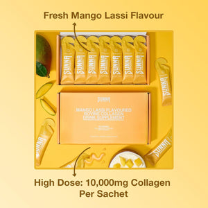 SUNNA SUPPLEMENTS - Halal Mango Lassi Collagen Drink with Vitamin C - 10000 Mg Liquid Bovine Collagen Peptides for Women and Men - Hydrolysed Formula Suitable for Everyone - 14 Sachets (35Ml Each)