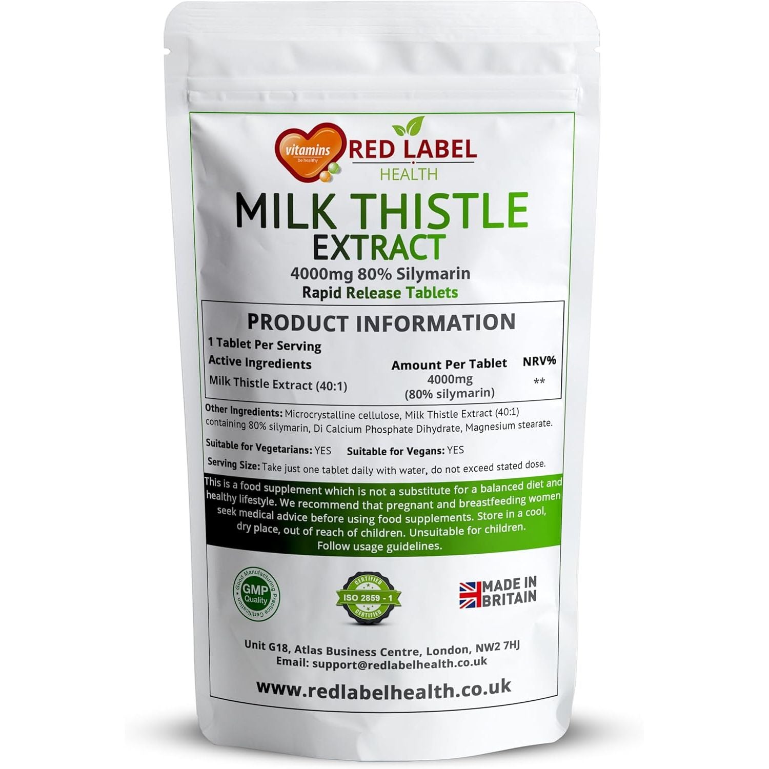 Red Label Health Milk Thistle 365 Tablets 4000Mg High Strength Silymarin Extract Vegan Made in the UK