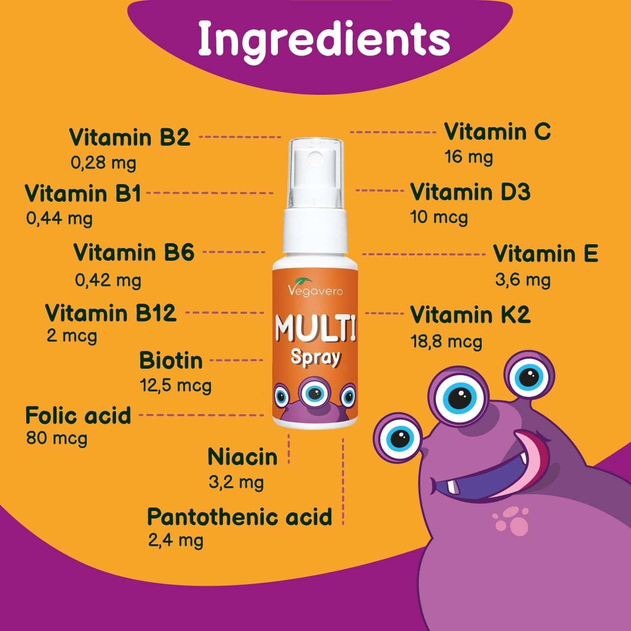 Vegavero Multivitamin for Kids Spray | No Added Sugar | NO Additives | Natural Orange Flavour | with Vitamin C, D3, E, K2 & All B Vitamins | 125 Sprays | Vegan