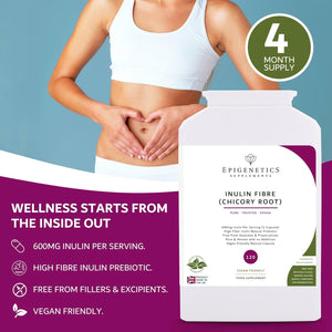 Inulin Fibre Supplement from Chicory Root | 120 Capsules | Prebiotic Gut Health Supplements | Increase Fibre Intake & Support Digestion | Vegan Friendly UK Made | 1 Capsule Daily 4 Months Supply