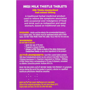 HRI Milk Thistle 30 Tablets - to Relieve Symptoms Associated with over Indulgence of Food and Drink Such as Indigestion and Upset Stomach. 300 Mg of Milk Thistle Extract. 1 Pack