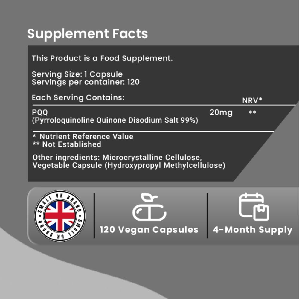 PQQ 20Mg 120 Capsules Pyrroloquinoline Quinone Supplement – High Purity >99% - PQQ Disodium Salt – Bioavailable Form - Vegan Anti-Aging Support - Mitochondrial Cellular Natural Energy Booster
