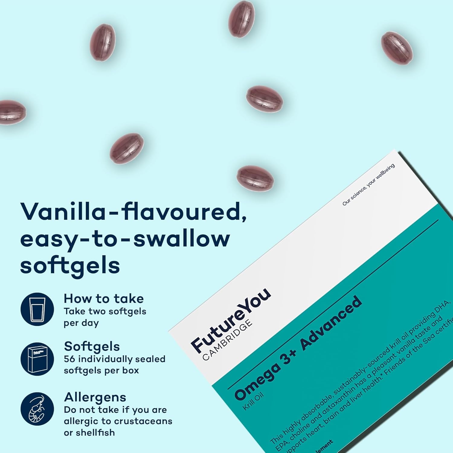 Omega 3+ Advanced Krill Oil Capsules – 28 Day Supply, 56 Softgels - High Strength Omega 3 Capsules High Strength for Brain Energy – Focus Supplement with DHA to Support Liver, Brain & Heart Health