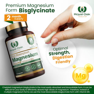 Magnesium Bisglycinate 200Mg plus P5P Vitamin B6 X120 Capsules | Advanced Chelated Formula for Optimal Absorption 200Mg of High Strength Elemental Magnesium - Vegan & UK Made by Royal Oak Health