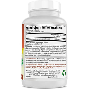 Best Naturals Chromium Picolinate 1000 Mcg Tablet - Supports Healthy Blood Sugar Levels, 240 Count