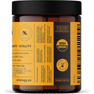 Erbology Organic Turmeric Powder 90G - 90 Servings - 5.5% Curcumin - No Additives or Preservatives - Sustainably Sourced Straight from Farm in Karnataka, India - Small Batch - Vegan - Gmo-Free