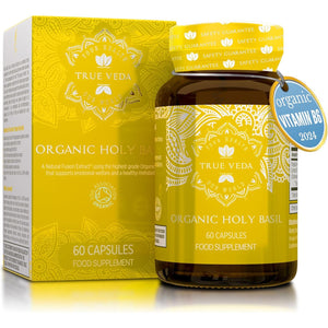 Holy Basil Capsules - Organic Vitamin B6 Capsules | Tulsi Capsules | Soil Association Certified Organic Holy Basil Extract 15:1 | High Strength 2.5% Ursolic Acid | 60 Easy Swallow Tulsi Powder Pills