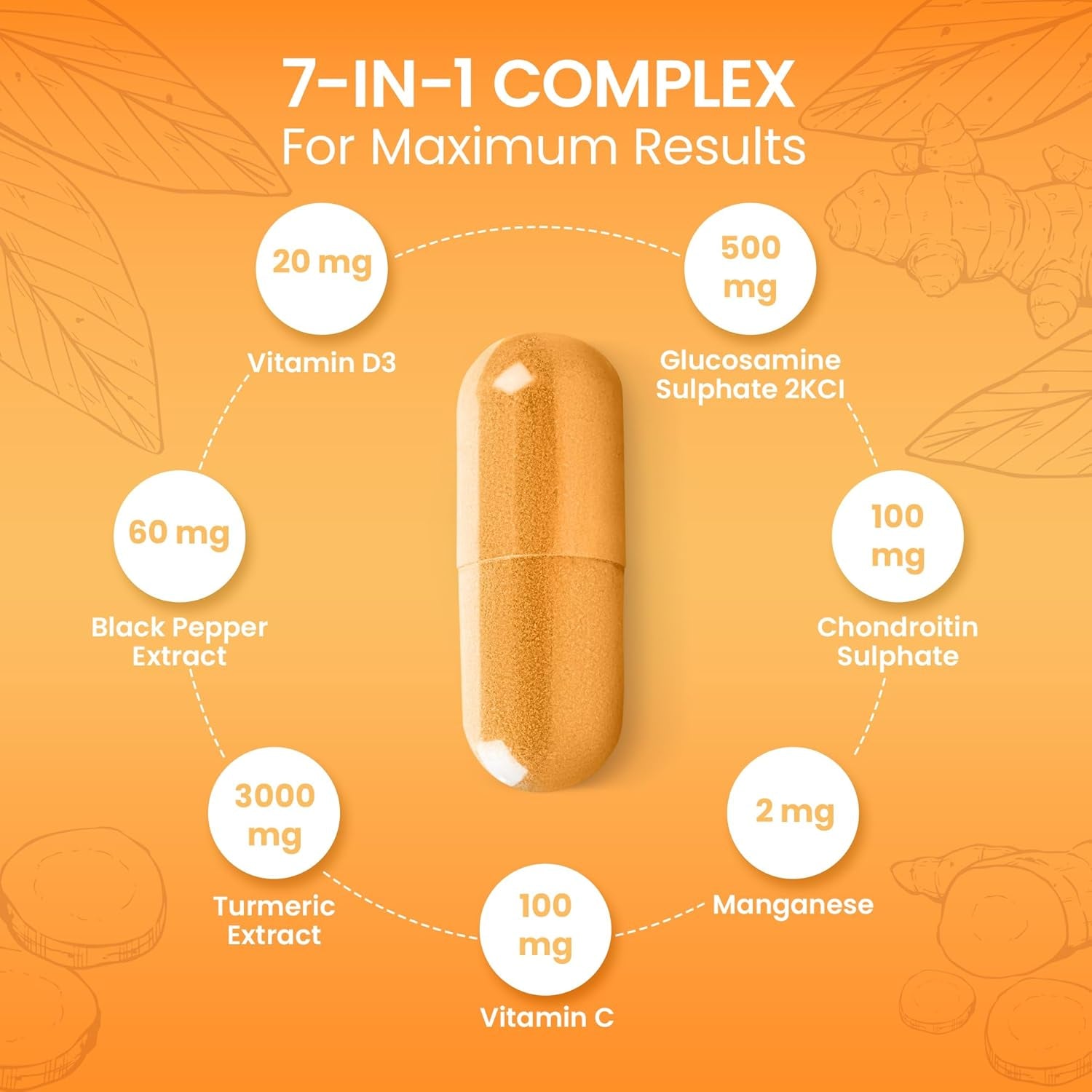 7-In-1 Turmeric and Black Pepper Capsules W/Glucosamine and Chondroitin High Strength | Made in the UK | High Absorption Tumeric Supplement | Glucosamine Sulphate & Turmeric Tablets | 120 Capsules