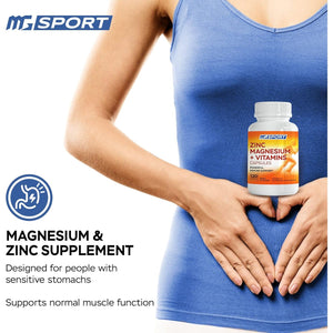 Magnesium Supplement MGSPORT with Zinc,Vitamins B6, B9, D, E - Immune Support, Muscle Recovery, EZ on Stomach - 120 Capsules