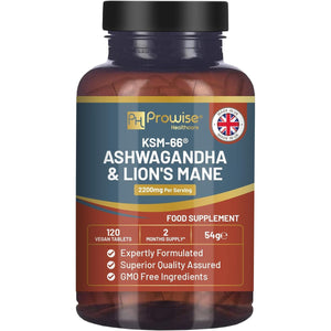 KSM-66 Ashwagandha and Lions Mane Tablets - High Strength 2200Mg | KSM-66 Ashwagandha Root Extract and Lions Mane Mushroom Extract - 120 Vegan Tablets with Black Pepper - UK Made by Prowise