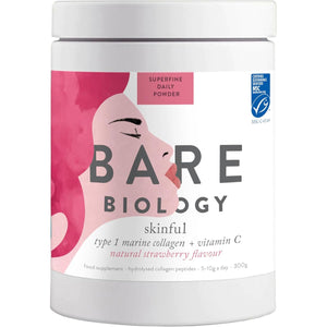 Bare Biology Collagen Powder + Vitamin C, 300G/60 Servings, Strawberry Flavour - Skinful Pure Marine Collagen for Skin, Muscles, Hair, Nails, Joints & Bones - Super Strength Type 1 Peptides