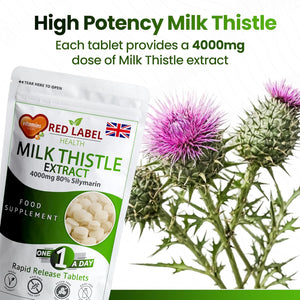 Red Label Health Milk Thistle 365 Tablets 4000Mg High Strength Silymarin Extract Vegan Made in the UK