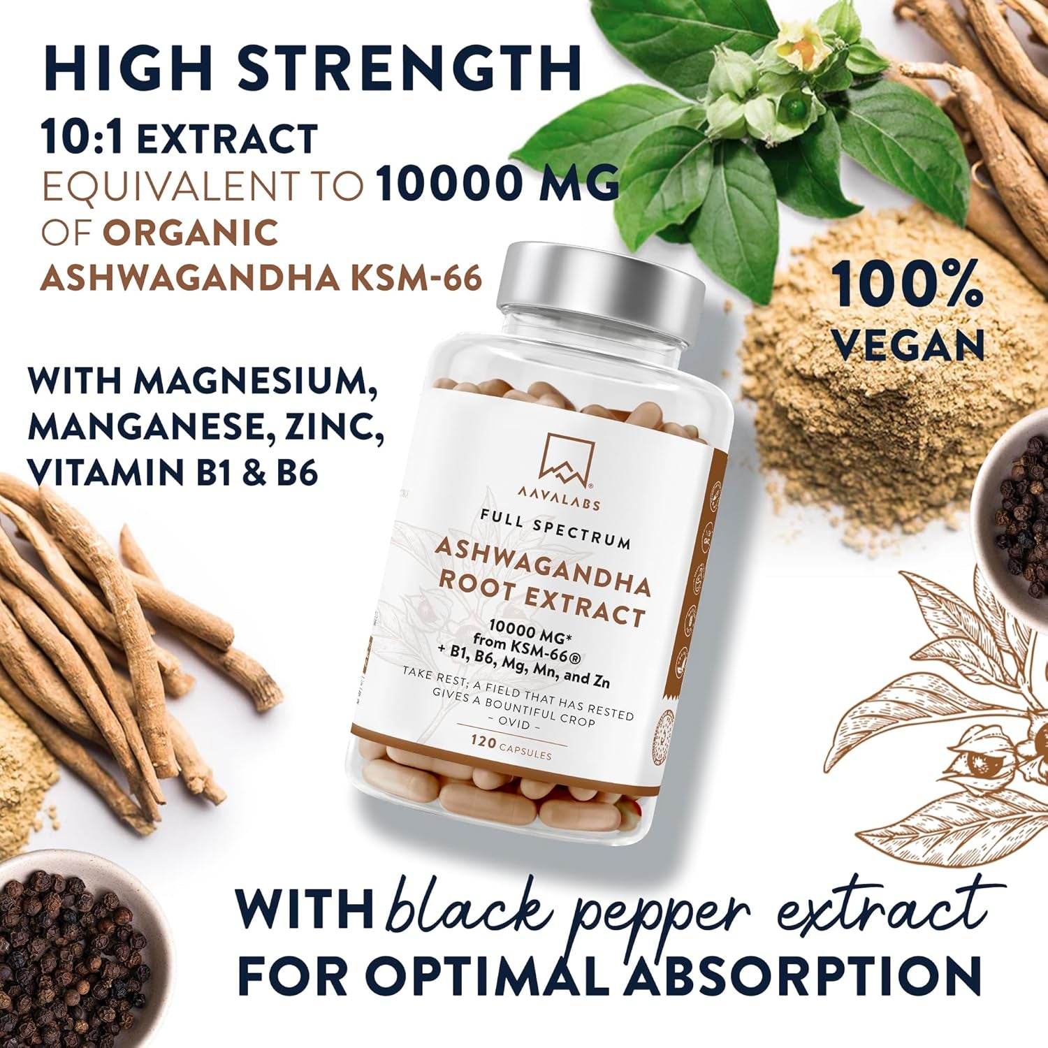 Ashwagandha KSM 66 -1000Mg (Highly Concentrated 10:1 Extract Ratio Equivalent to 10,000Mg per Serving)Of Which 5% Withanolides-With Vitamin B6, B1, Zinc, Magnesium & Manganese-120 Ashwagandha Capsules