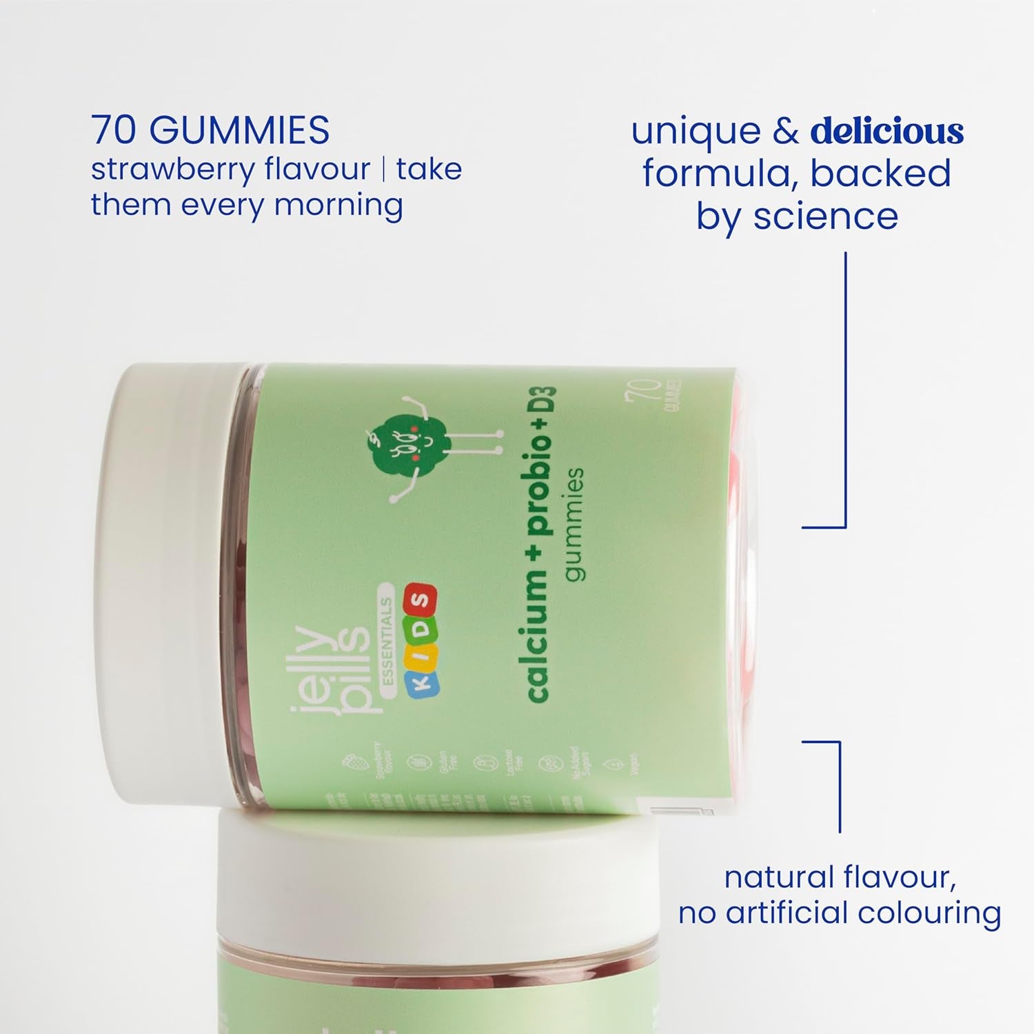 Jelly Pills Calcium for Kids + Probiotics & Vitamins D3 and K2-70 Vegan Gummies - No Added Sugars - Strawberry Flavor - Bone & Teeth Support