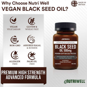 Black Seed Oil Softgel 120 Vegetarian Capsules 500Mg - Non GMO - Cold Pressed Nigella Sativa Producing Egyptian Black Cumin Seed Oil, Vegan & Vegetarian – Made by Nutri Well in UK