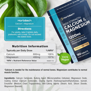 Calcium and Magnesium Tablets 1200Mg | High Strength Calcium & Magnesium Complex | 180 Vegan Tablets | by Horbaach