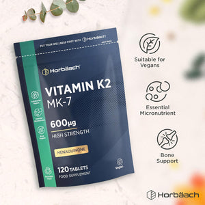 Vitamin K2 MK7 600Mcg | 120 Tablets | High Strength Vitamin K2 Menaquinone MK-7 Supplement | Suitable for Vegans | Letterbox Friendly Packaging | by Horbaach