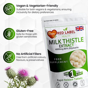 Red Label Health Milk Thistle 365 Tablets 4000Mg High Strength Silymarin Extract Vegan Made in the UK