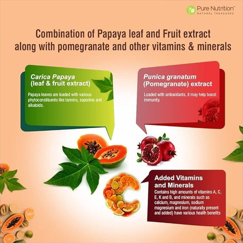 Pure Nutrition Papaya Complete | 60 Caps | Carica Papaya Leaf Extract with Iron VIT C, VIT a & Folic Acid | Supports Platelet Immunity & Digestion Non-Gmo | Gluten-Free