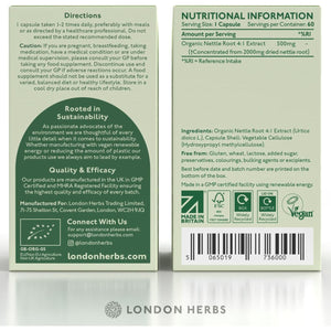 Organic Stinging Nettle Root Extract 2000Mg | High Strength 4:1 Extract Stinging Nettle Supplement | 60 Vegan Capsules | Made in the UK | Sustainably Packaged & Produced