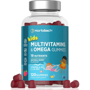 Kids Multivitamin Omega 3 6 9 Gummies | 120 Count | 19 Nutrients with Vitamin A, B12, C, D and Zinc | Natural Berry Flavour | Vegetarian Friendly Formula | by Horbaach