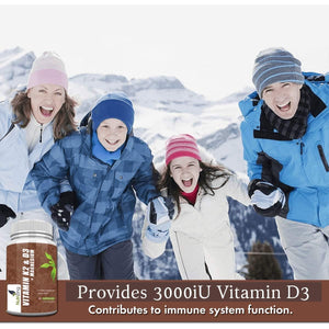 Vitamins D3 K2 Capsules - 3000IU Vitamin D3, 150Mcg VIT K2 (MK-7) - Made in UK by Nutrizing - Supports Maintenance of Immune System & Contributes to Normal Bones