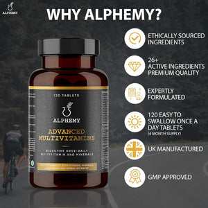 Advanced Multivitamin & Minerals | 120 Tablets / 4 Month Supply | 26 A-Z High Strength Bioactive Vitamins, Minerals, Antioxidants & Herbal Extracts. Daily Supplement for Men & Women. UK Made Alphemy